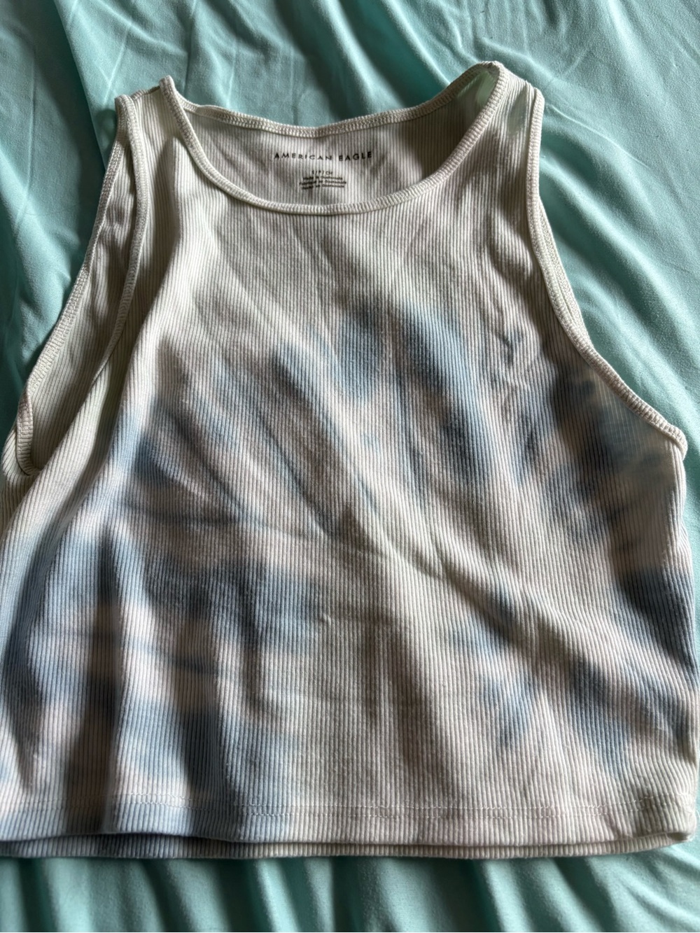 American Eagle Outfitters White Ribbed Tank with Light Blue Tie-Dye